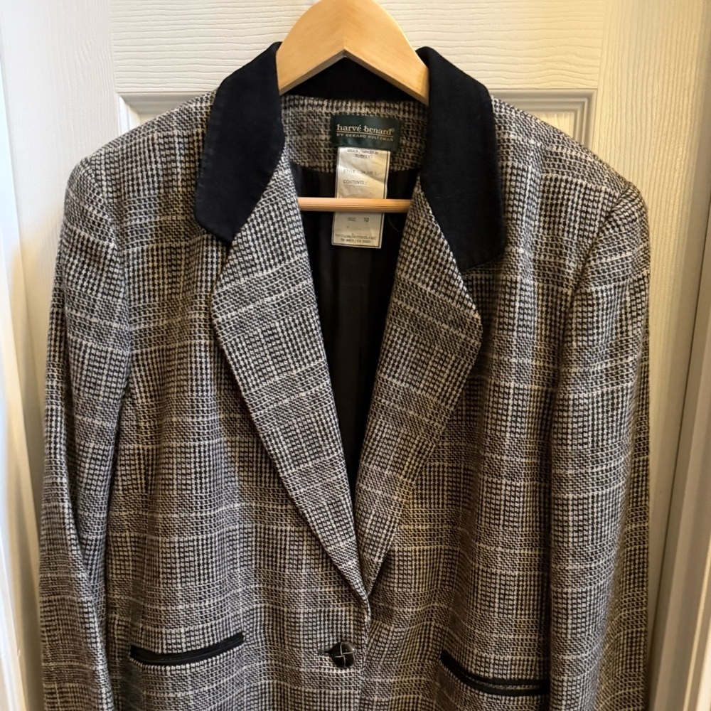 Vintage Harve Bernard 100% Wool Genuine Leather Trim Blazer Women’s 10 Blk Grey